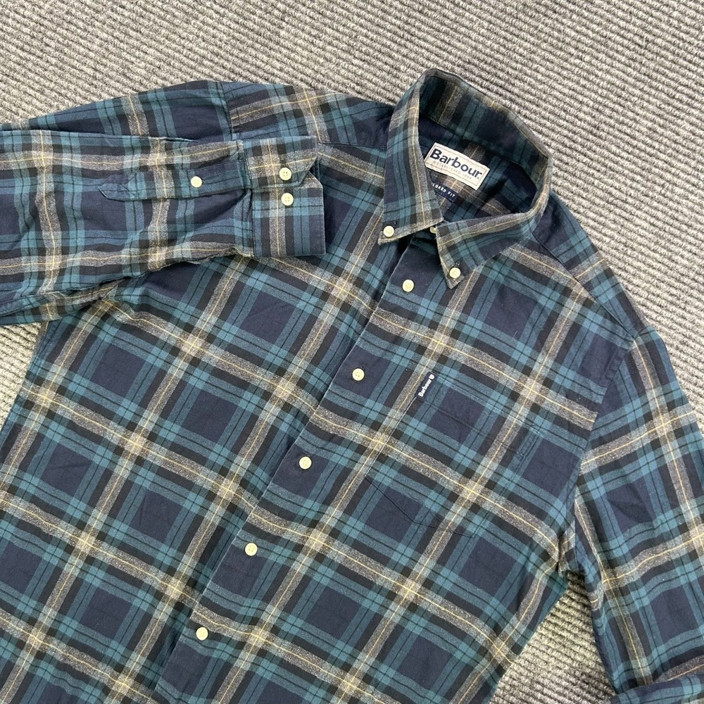 Barbour Tailored Fit Highland Check Blue Plaid Long Sleeve Shirt Mens Small Work